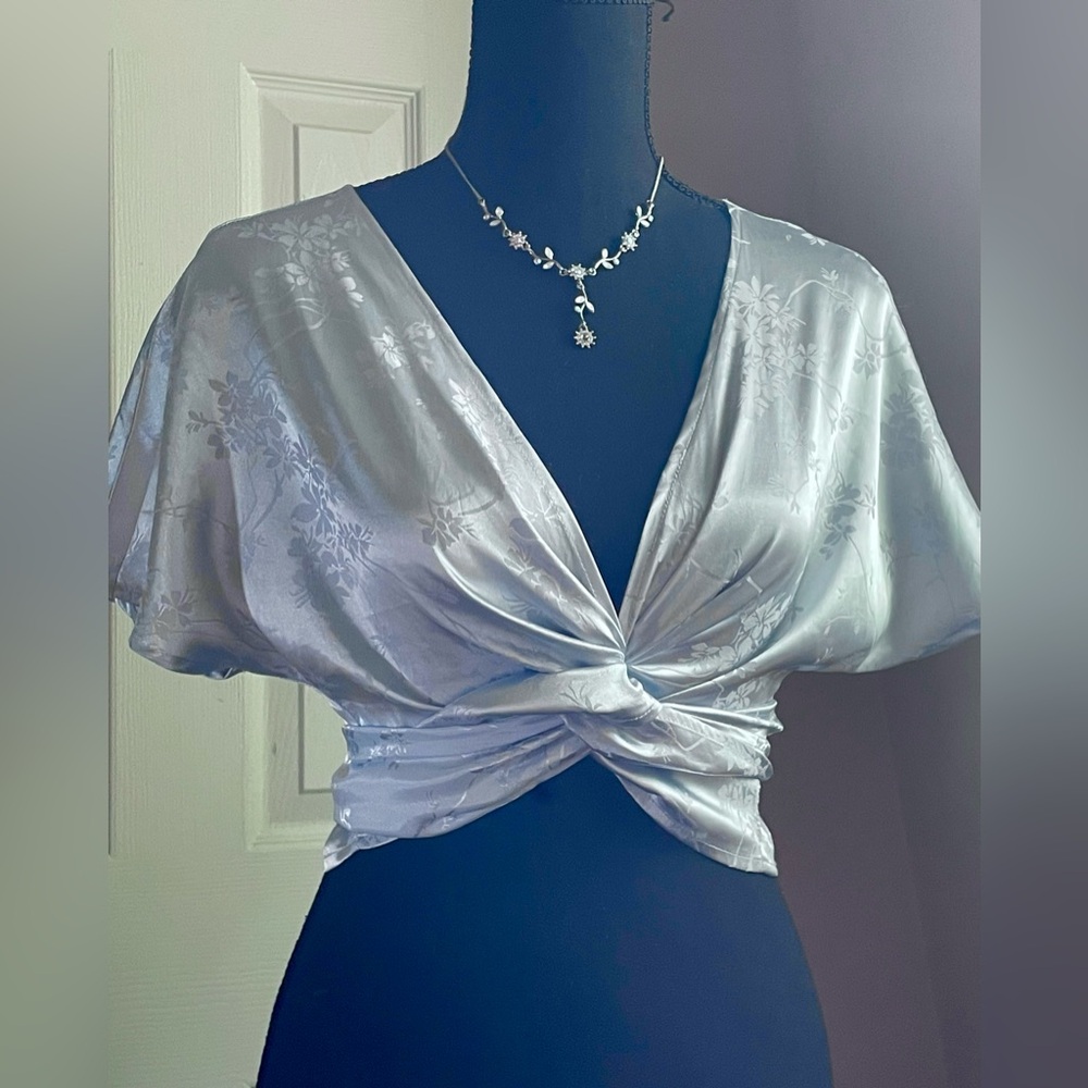 Pale silver blue Floral Satin Versatile Tie up Crop Top - Women's
